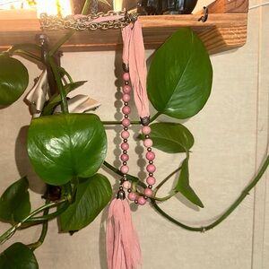 Pink Rhodonite Beaded and Gold Metal Tassel Necklace